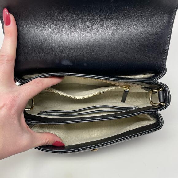 Tory Burch Kira Chevron Leather Top Handle Satchel 2 Way Shoulder Bag Black Gold - Picture 14 of 15